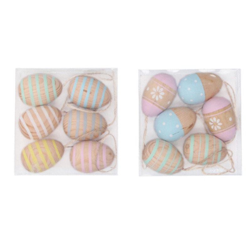 Painted Wooden Egg Decoration By Gisela Graham Painted wooden egg decoration in a box. Pastel colour stripe and block colour design. Set of 6. The perfect addition to your home for Easter and Spring. 2 designs. By Gisela Graham.